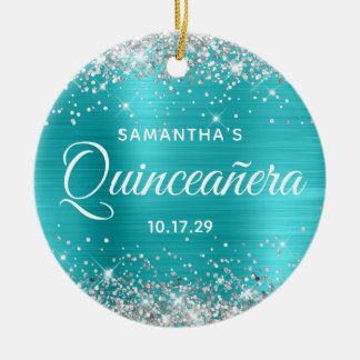 Silver Glitter Turquoise Foil Quinceañera Ceramic Tree Decoration
