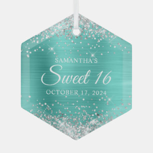 Silver Glitter Turquoise Foil Sweet 16 Glass Tree Decoration