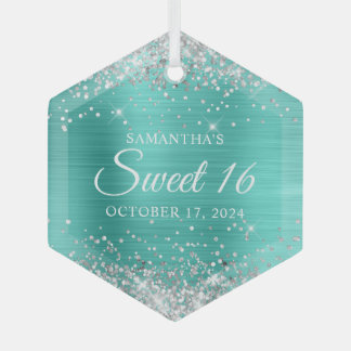 Silver Glitter Turquoise Foil Sweet 16 Glass Tree Decoration