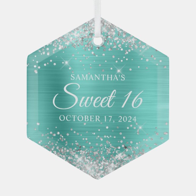 Silver Glitter Turquoise Foil Sweet 16 Glass Tree Decoration (Front)