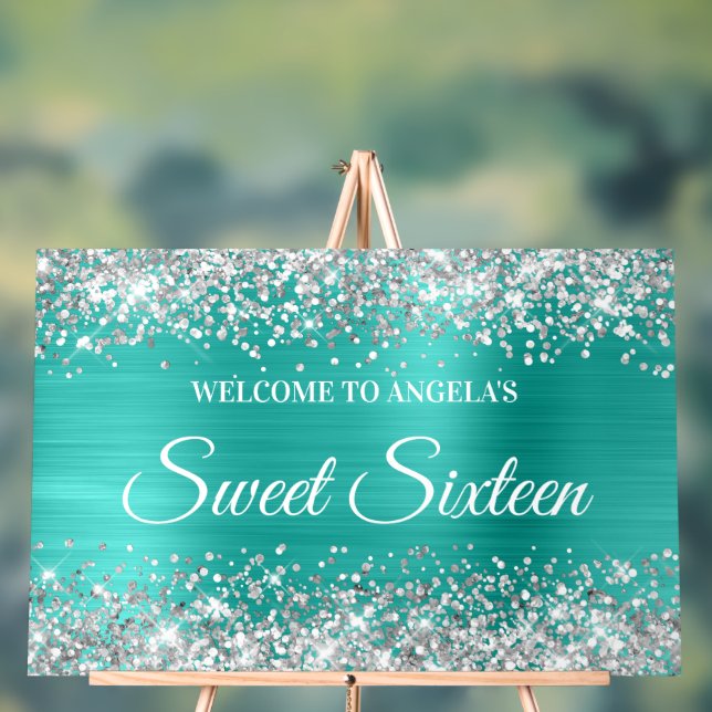 Silver Glitter Turquoise Foil Sweet Sixteen Acrylic Sign (Neutral)