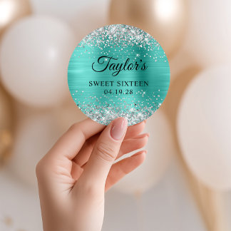 Silver Glitter Turquoise Foil Sweet Sixteen Classic Round Sticker
