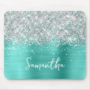 Silver Glitter Turquoise Glam Name Mouse Mat