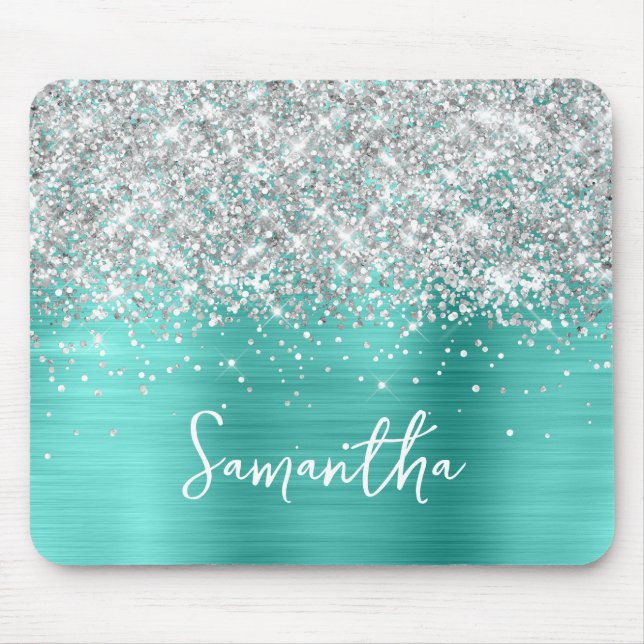 Silver Glitter Turquoise Glam Name Mouse Mat (Front)