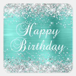 Silver Glitter Turquoise Happy Birthday Square Sticker