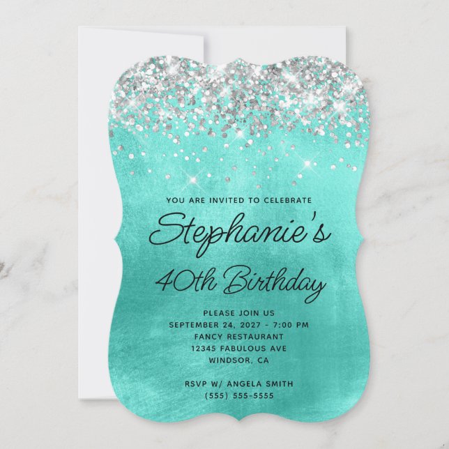 Silver Glitter Turquoise Monogram 40th Birthday Invitation (Front)