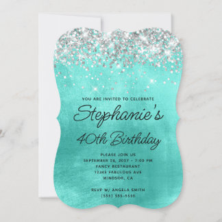 Silver Glitter Turquoise Monogram 40th Birthday Invitation
