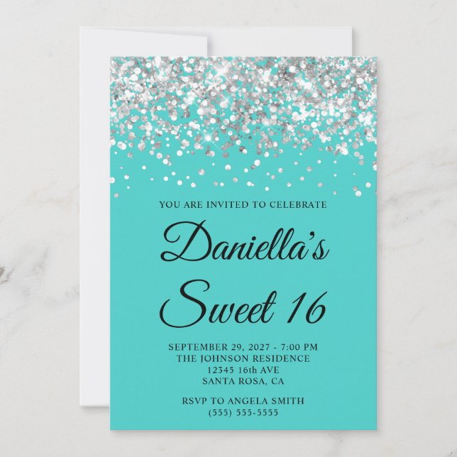 Silver Glitter Turquoise Sweet 16 Invitation (Front)