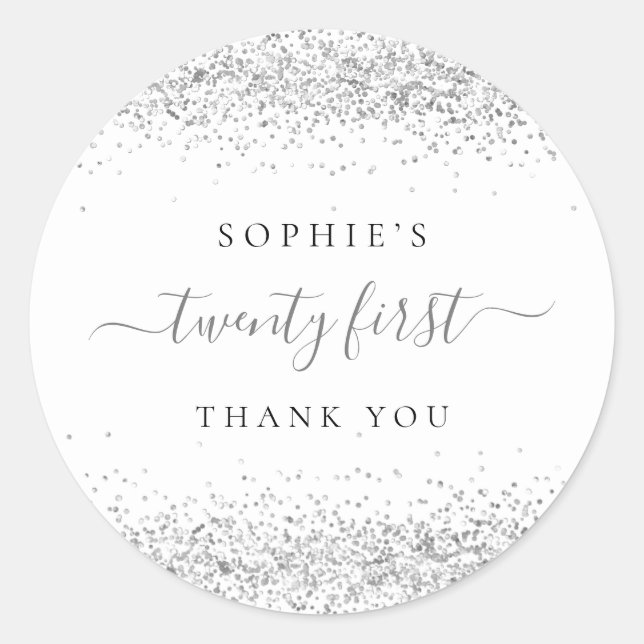 Silver Glitter Twenty First Birthday Thank You  Classic Round Sticker (Front)