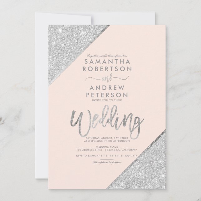 Silver glitter typography blush pink wedding invitation (Front)