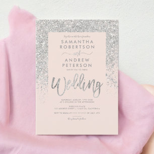 Silver glitter typography blush pink wedding invitation