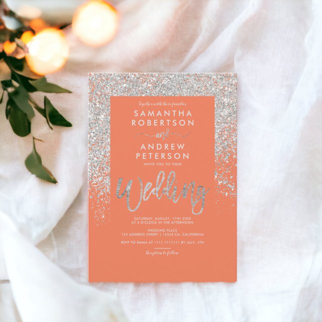 Silver glitter typography orange coral wedding invitation (Silver glitter typography orange coral wedding invitation)