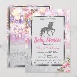 Silver Glitter Unicorn Bokeh,Floral Baby Shower Invitation