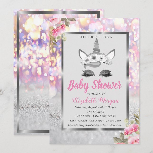Silver Glitter Unicorn ,Floral Boeh Baby Shower Invitation (Front/Back)