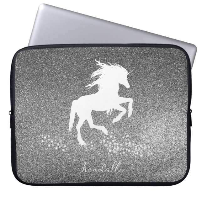 Silver Glitter Unicorn Laptop Sleeve (Front)