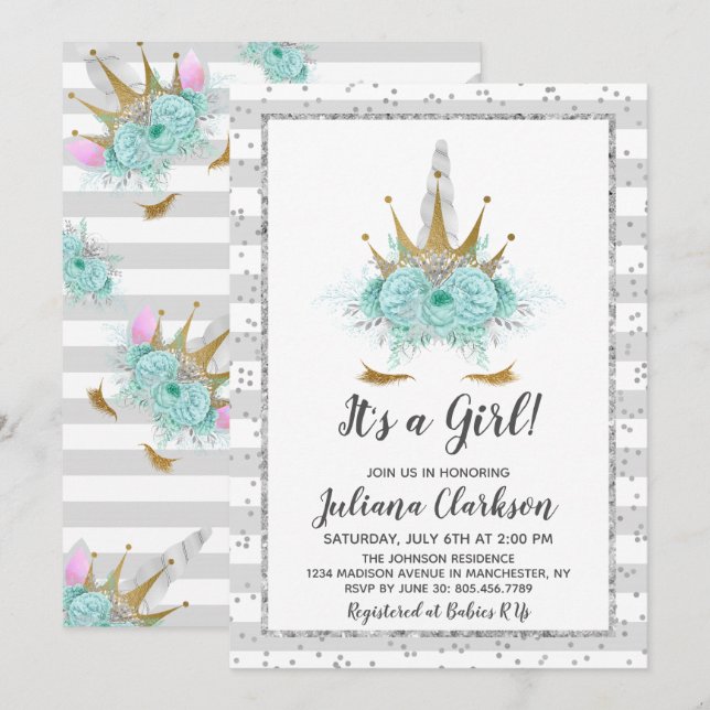 Silver Glitter Unicorn Princess Baby Shower Invitation (Front/Back)