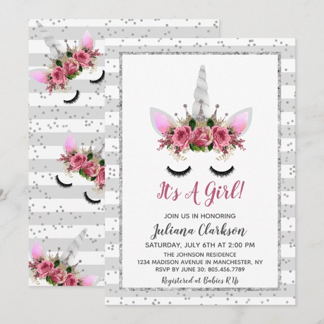 Silver Glitter Unicorn Princess Baby Shower Invitation (Front/Back)