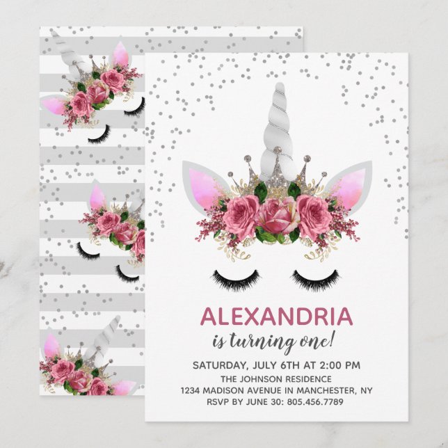 Silver Glitter Unicorn Princess Birthday Invitation (Front/Back)