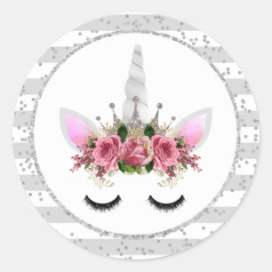 Silver Glitter Unicorn Princess Classic Round Sticker