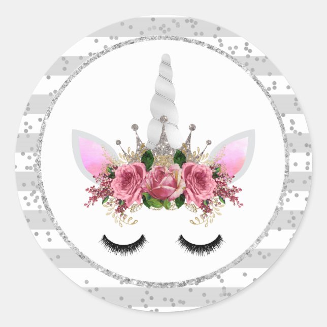 Silver Glitter Unicorn Princess Classic Round Sticker (Front)