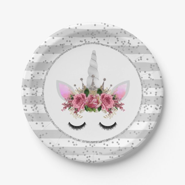 Silver Glitter Unicorn Princess Paper Plate (Front)