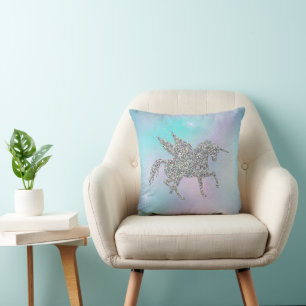 Silver Glitter Unicorns on Pastel Cushion
