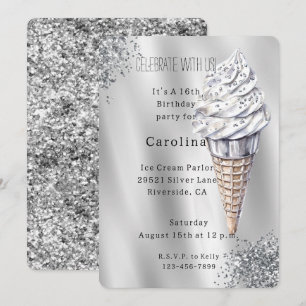 Silver Glitter Vanilla Ice Cream Cone Birthday Invitation