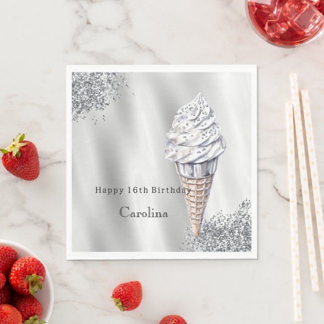 Silver Glitter Vanilla Ice Cream Cone Birthday Napkin (Insitu)