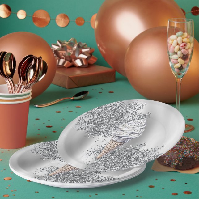 Silver Glitter Vanilla Ice Cream Cone Birthday Paper Plate (Multi)