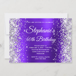 Silver Glitter Violet Fancy Monogram 40th Birthday Invitation