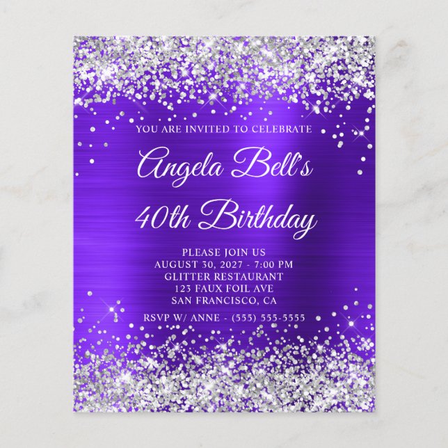 Silver Glitter Violet Indigo 40th Birthday Invite Flyer (Front)