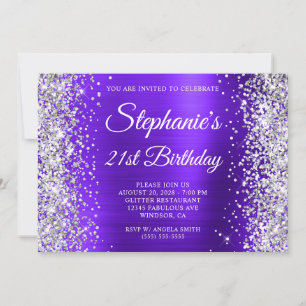 Silver Glitter Violet Monogram 21st Birthday Invitation