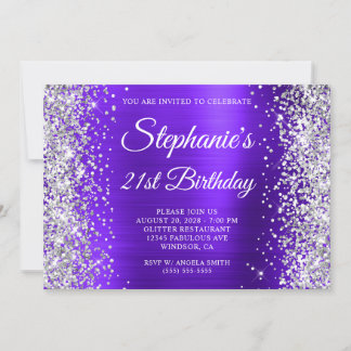 Silver Glitter Violet Monogram 21st Birthday Invitation