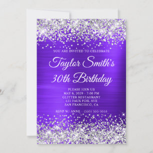 Silver Glitter Violet Monogram 30th Birthday Invitation