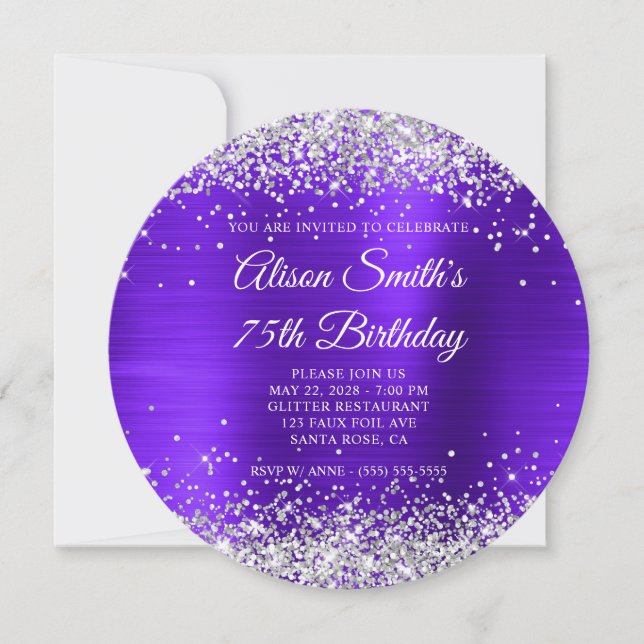 Silver Glitter Violet Purple Fancy 75th Birthday Invitation (Front)