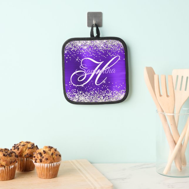 Silver Glitter Violet Purple Foil Fancy Monogram Pot Holder (Insitu(Hanging))