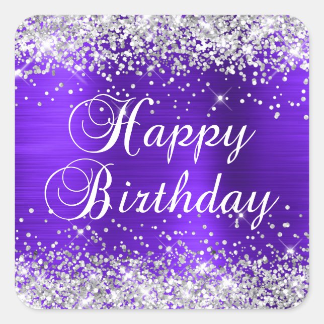 Silver Glitter Violet Purple Happy Birthday Square Sticker (Front)