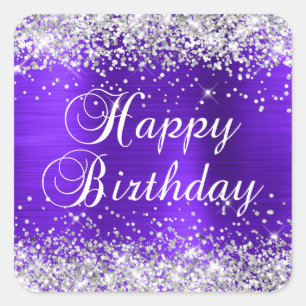 Silver Glitter Violet Purple Happy Birthday Square Sticker