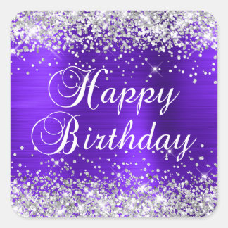 Silver Glitter Violet Purple Happy Birthday Square Sticker