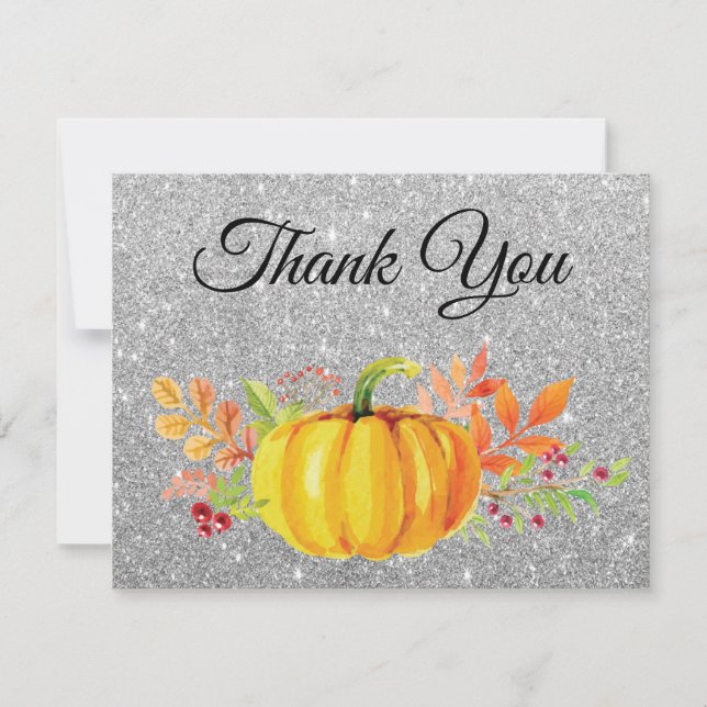 Silver Glitter Watercolor Pumpkin Thank You card (Front)