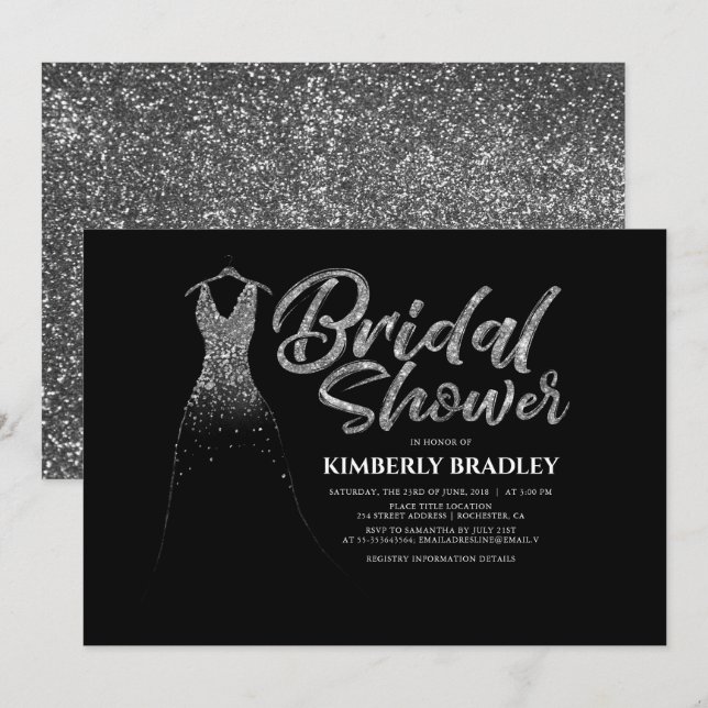 Silver Glitter Wedding Dress Black Bridal Shower Invitation (Front/Back)