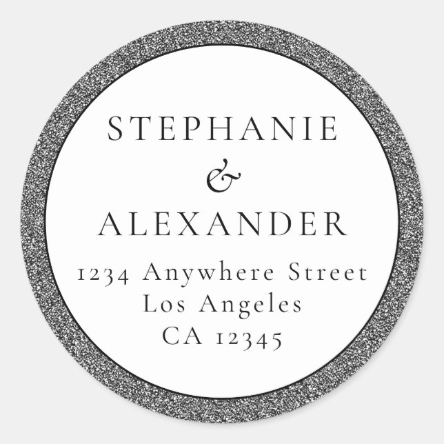 Silver Glitter Wedding Name Return Address  Classic Round Sticker (Front)