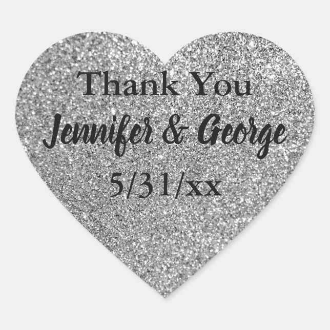 Silver Glitter Wedding Thank You Heart Sticker (Front)