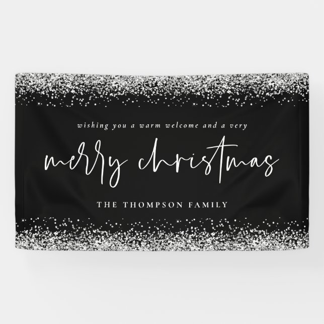 Silver Glitter Welcome Merry Christmas Name Black Banner (Horizontal)