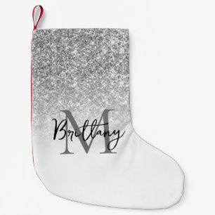 Silver Glitter White Ombre Monogrammed Small Christmas Stocking