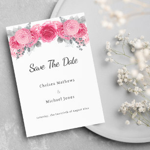 Silver glitter white pink flora Save The Date