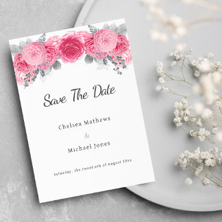 Silver glitter white pink flora Save The Date 