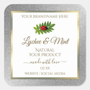 Silver Glitter White Product Labels Ladybug Leaf
