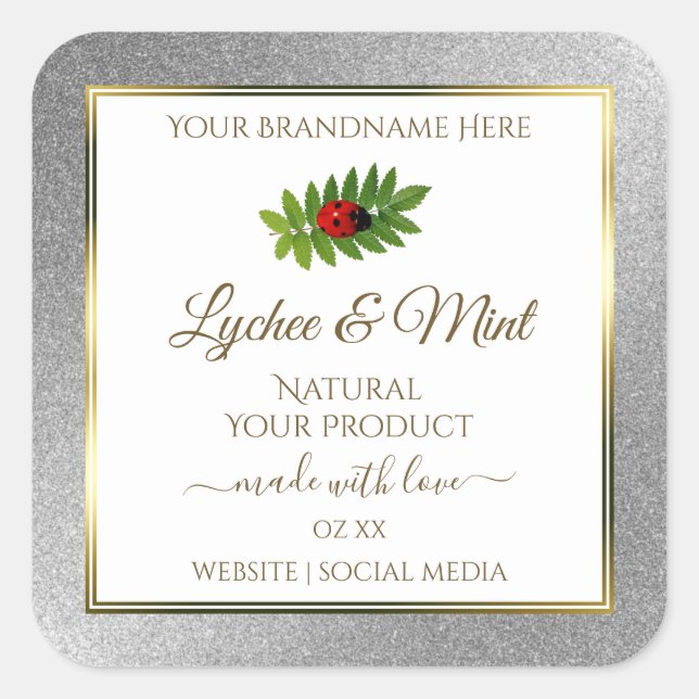 Silver Glitter White Product Labels Ladybug Leaf (Front)