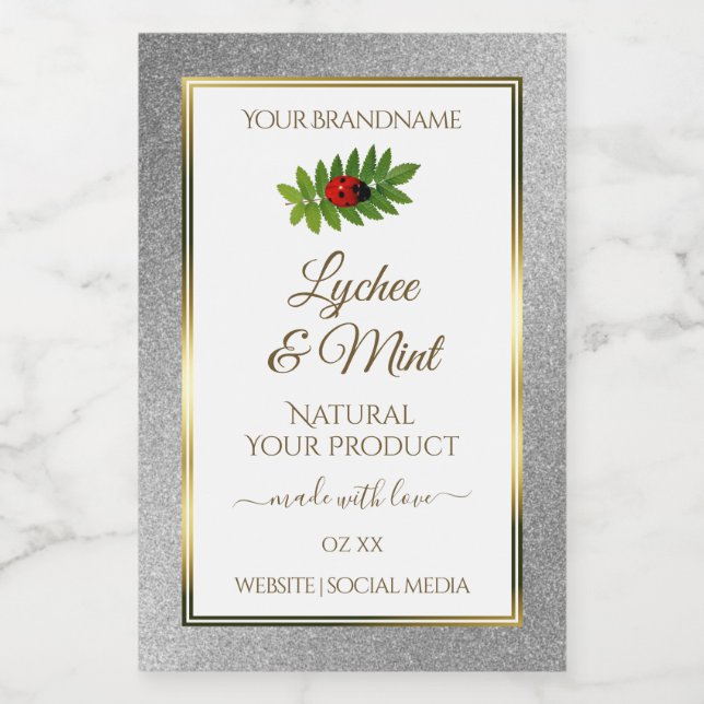 Silver Glitter White Product Labels Ladybug Leaf (Single Label)